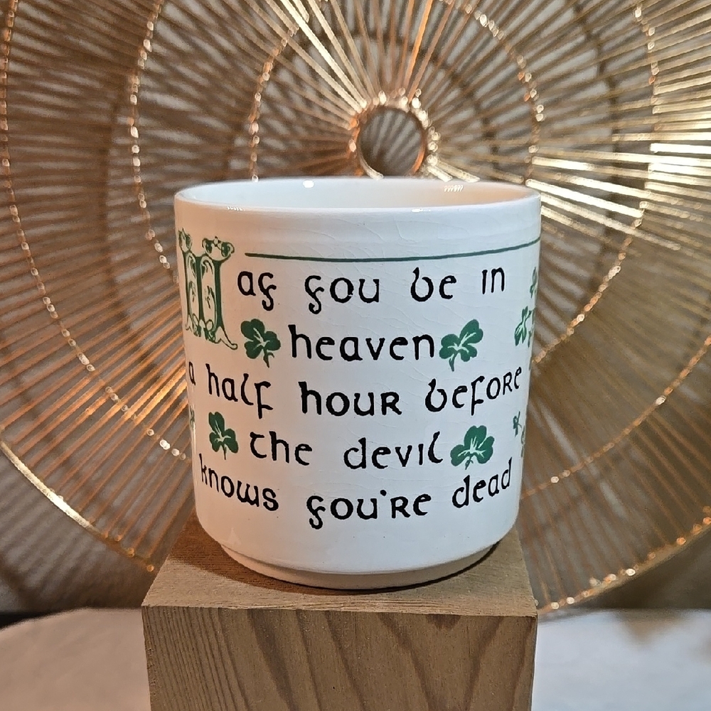 White Irish Carrigaline Irish Blessing Mug with Green Shamrock Design